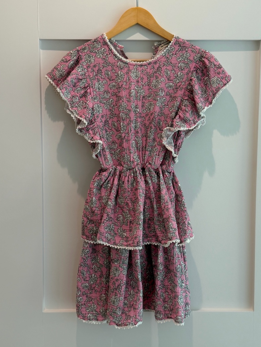 Pink Floral Tiered Girls' Dress with white Trim- size 12